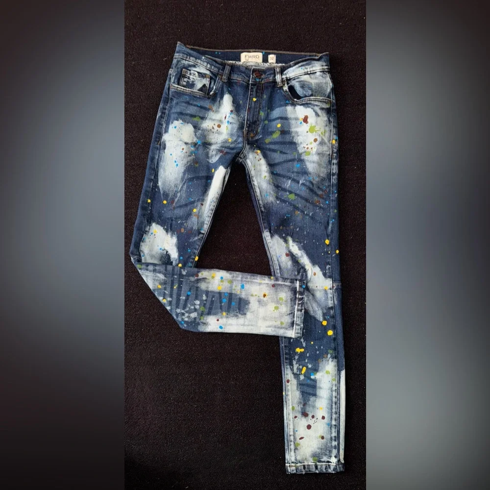 FWRD  Men’s Denim Set Bleached Splattered Paint Denim Jean Jacket W/ Pants